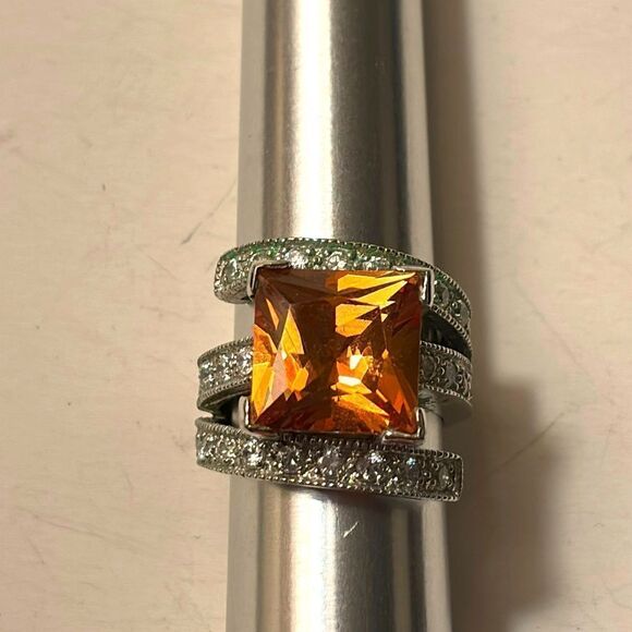 Square Cut Imperial Topaz 925 Silver Cocktail Ring with Twist white quartz - Picture 1 of 8